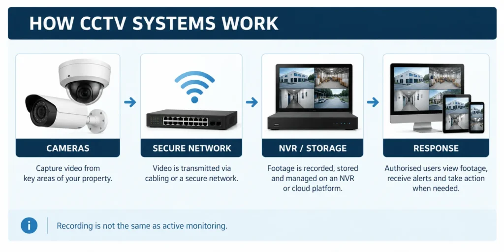 CCTV Camera Systems in Australia: Types, Features, Costs & Complete Guide - MBK Security Group How CCTV camera systems work: cameras, secure network, NVR storage and security response