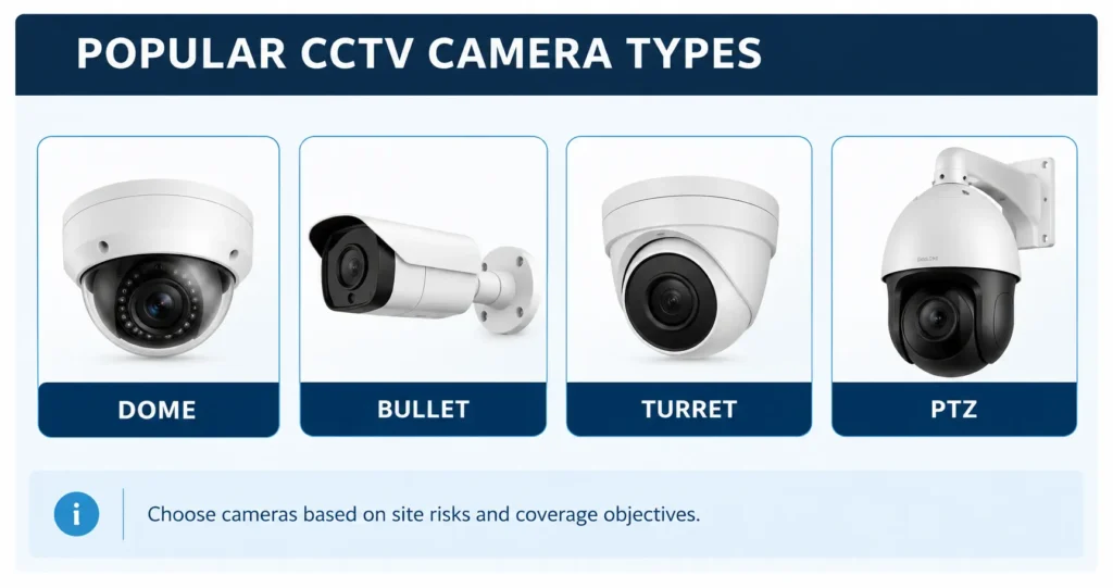 CCTV Camera Systems in Australia: Types, Features, Costs & Complete Guide - MBK Security Group Comparison of dome, bullet, turret and PTZ CCTV security camera types